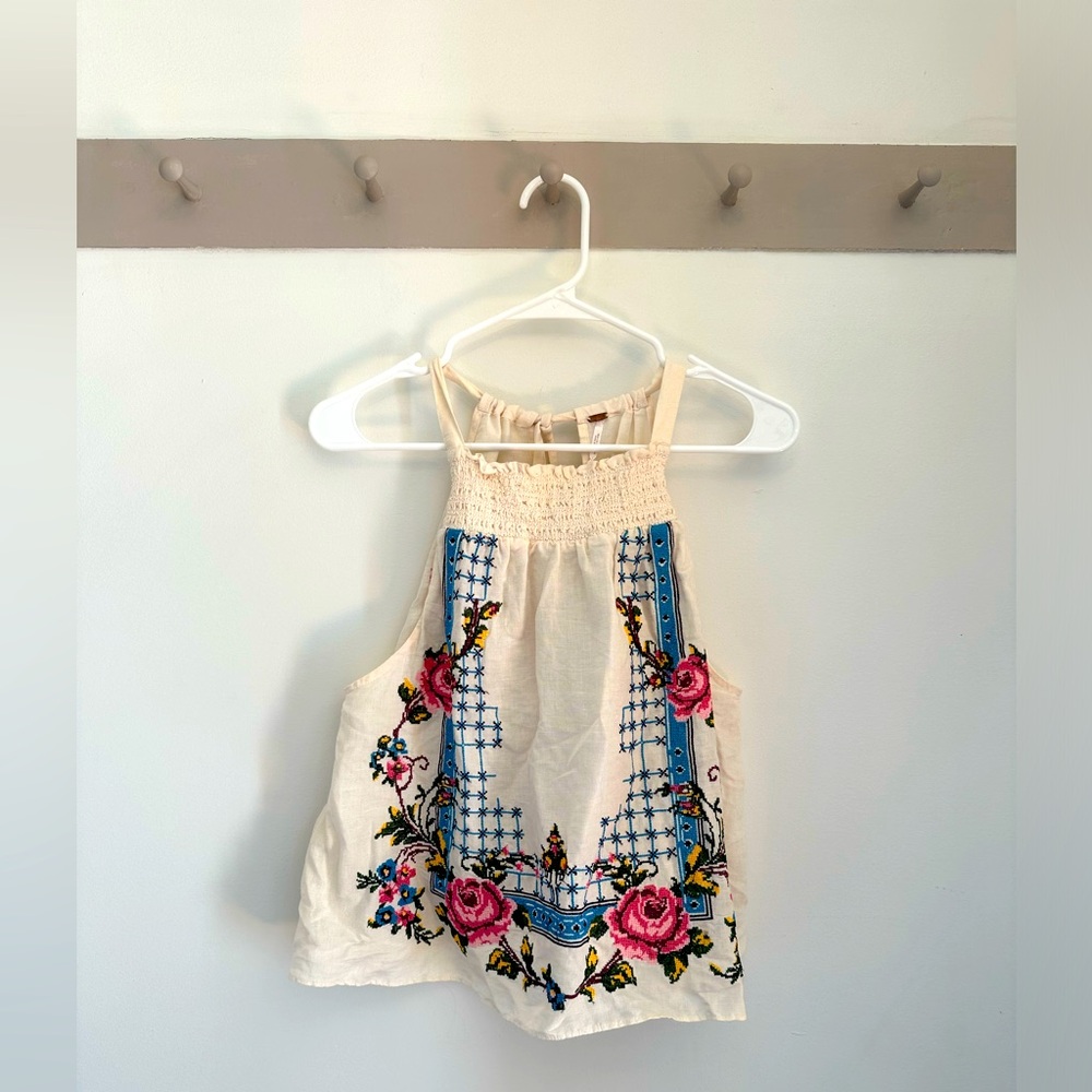 Free People Cream Tank Top with Blue and Pink Embroidery